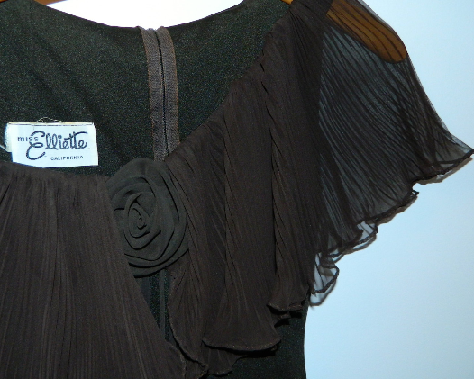 vintage 1970s brown dress Miss Elliette pleated capelet Disco gown XS - S