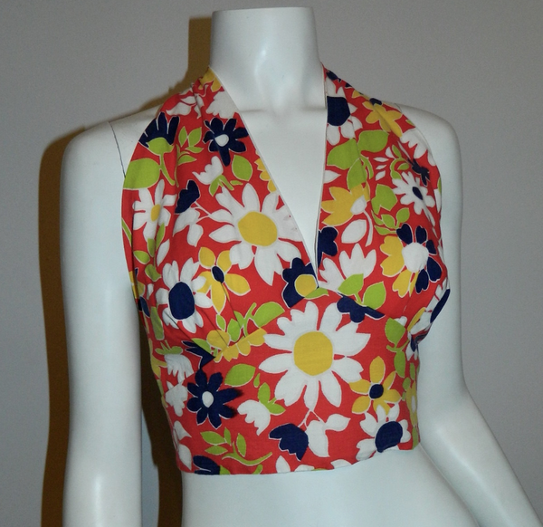 vintage 1970s halter top cotton tie neck red Flower Power Pin Up OS