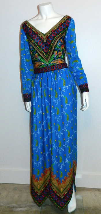 vintage 1970s gown / blue PAISLEY maxi dress / handkerchief hem XS - S