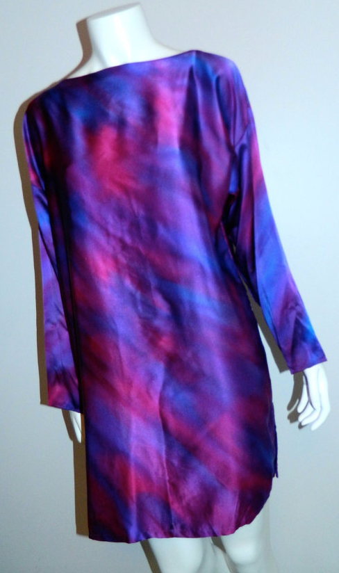 vintage 1980s purple silk satin tunic mini dress Hand Painted shirt S - M