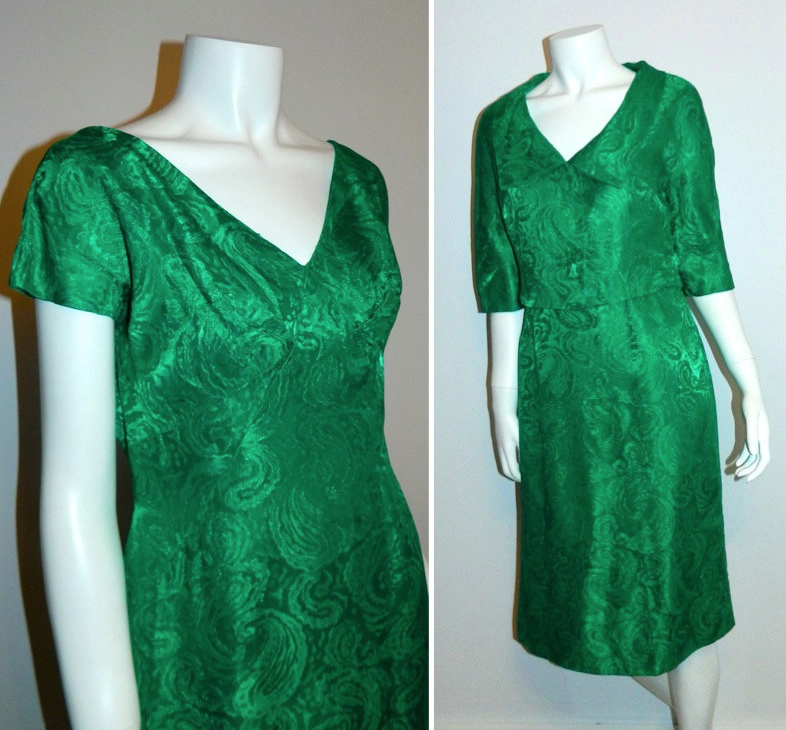 vintage 1950s emerald green wiggle dress Lee Claire Brocade suit bolero jacket M - L
