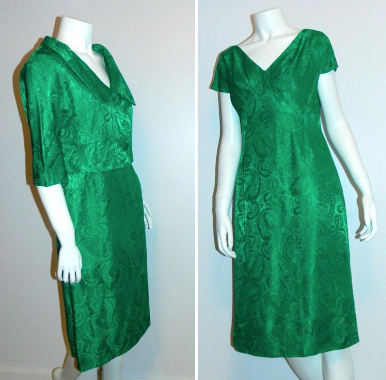 vintage 1950s emerald green wiggle dress Lee Claire Brocade suit bolero jacket M - L