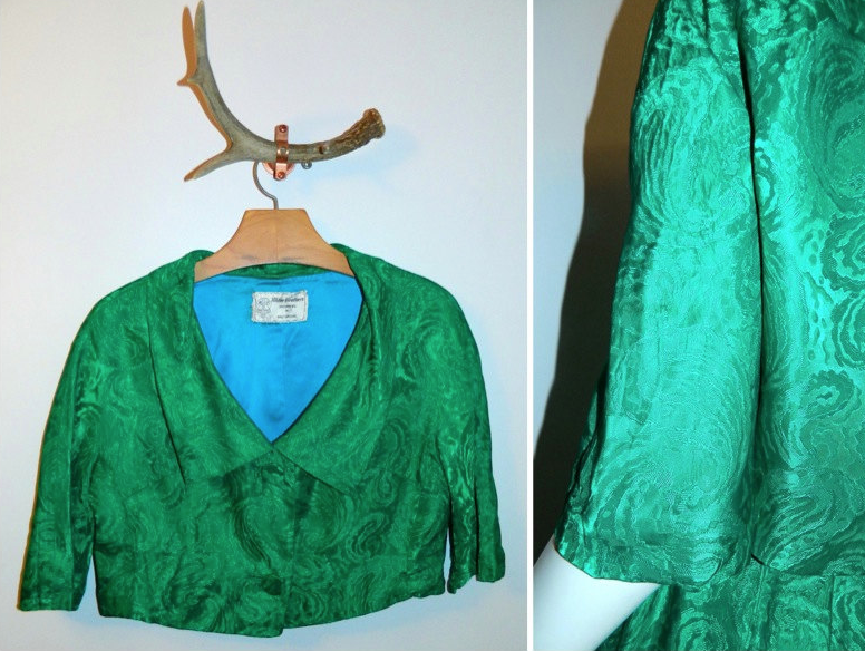 vintage 1950s emerald green wiggle dress Lee Claire Brocade suit bolero jacket M - L