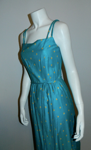 vintage 1970s sun dress / MALIA apple print maxi gown / seafoam yellow XS - S