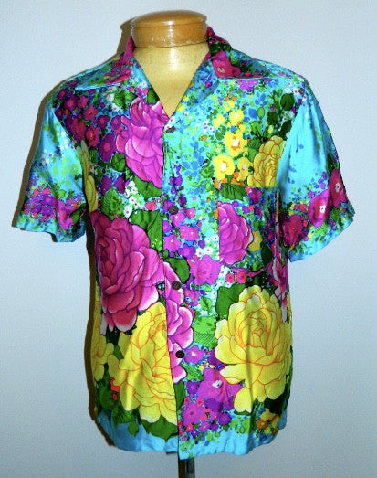 vintage 1960s Hawaiian shirt Likeke bold floral print shirt Mens M