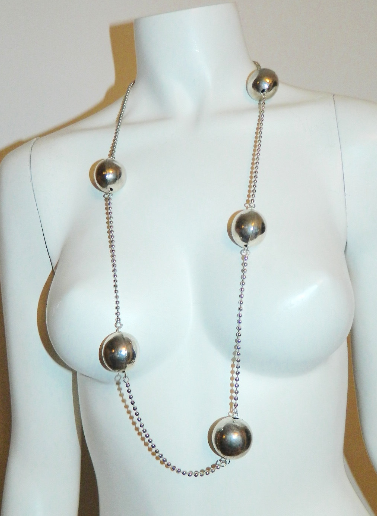 vintage 1960s MOD necklace / chrome spheres ball chain / long geometric modernist necklace