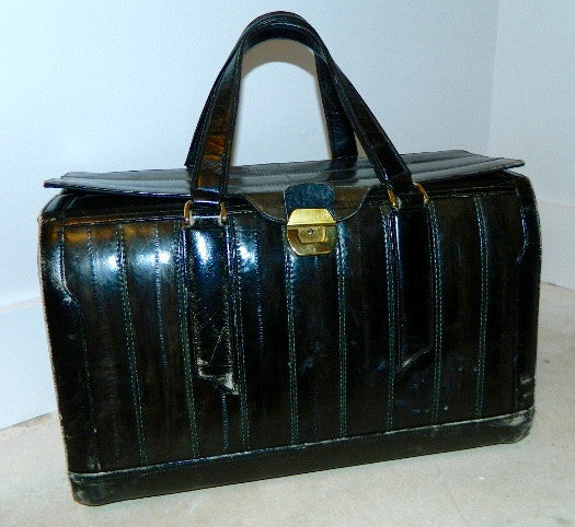 vintage 1970s black EEL SKIN bag valise suitcase carry on luggage
