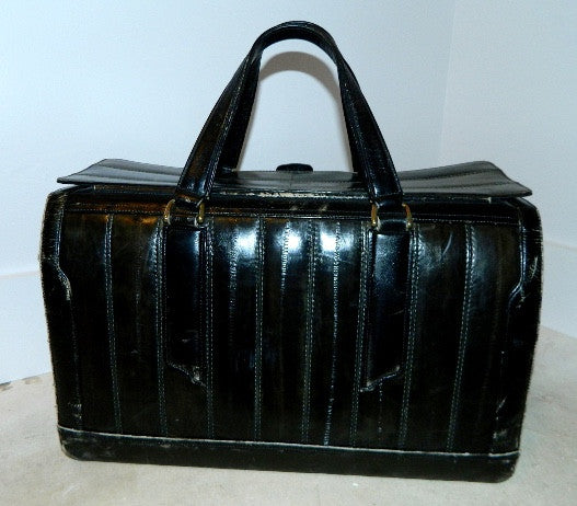 vintage 1970s black EEL SKIN bag valise suitcase carry on luggage