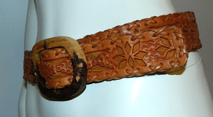 vintage 1970s belt brown TOOLED leather wood buckle Hand Made Mexico 30 31 32 34