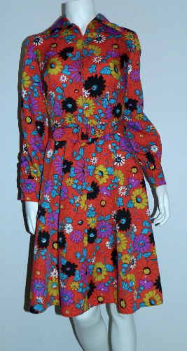vintage 1970s shirt dress / MOD floral print / orange mini dress XS