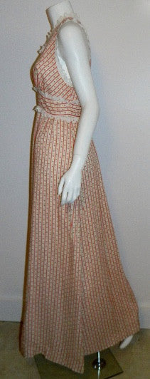 vintage 1970s maxi dress Princess Kaiulani red SEERSUCKER floral print gown XS - S