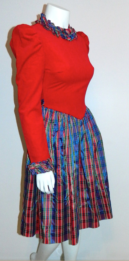 vintage 1970s Yves Saint Laurent dress red velvet bodice / plaid taffeta full skirt