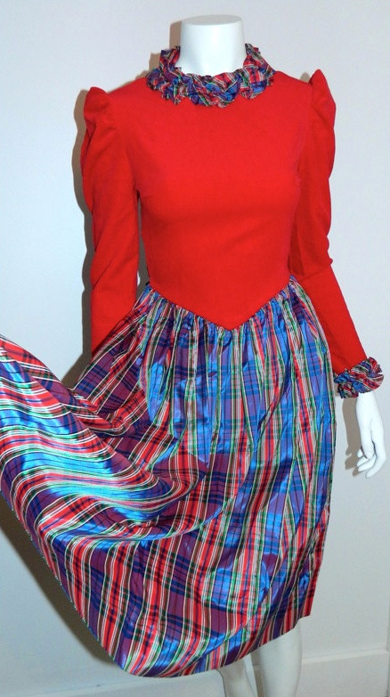 vintage 1970s Yves Saint Laurent dress red velvet bodice / plaid taffeta full skirt