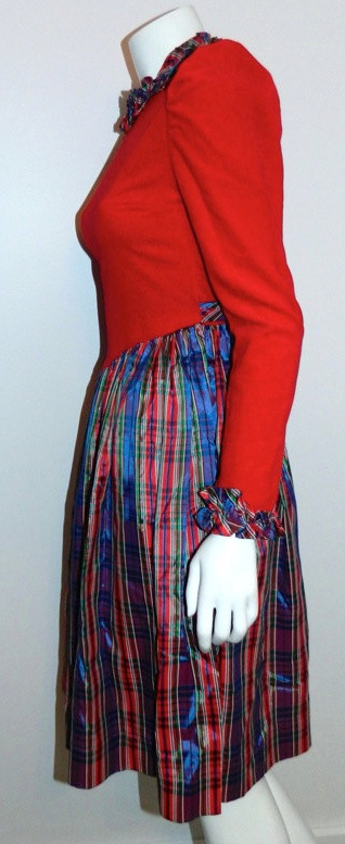 vintage 1970s Yves Saint Laurent dress red velvet bodice / plaid taffeta full skirt
