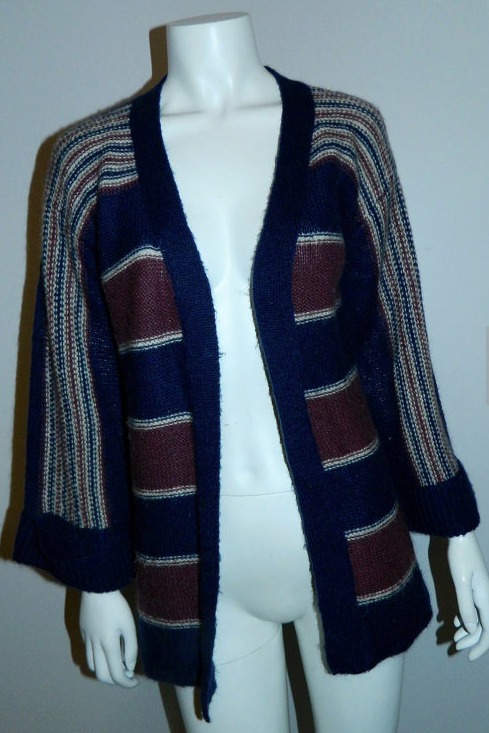 vintage 1970s cardigan sweater / blue striped wool knit HIPPIE bell sleeves S - M