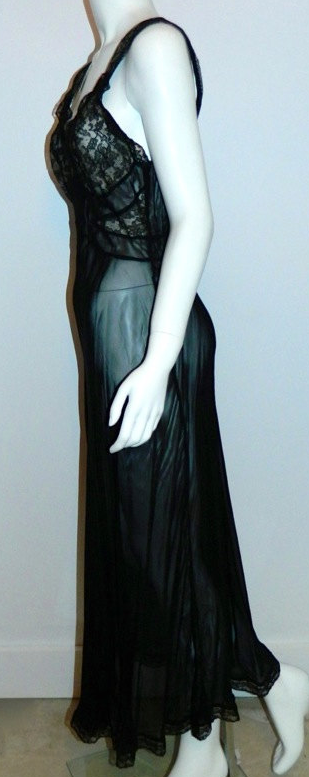vintage 1930s black Mondaine lace slip Art Deco bias cut gown 32 / XS