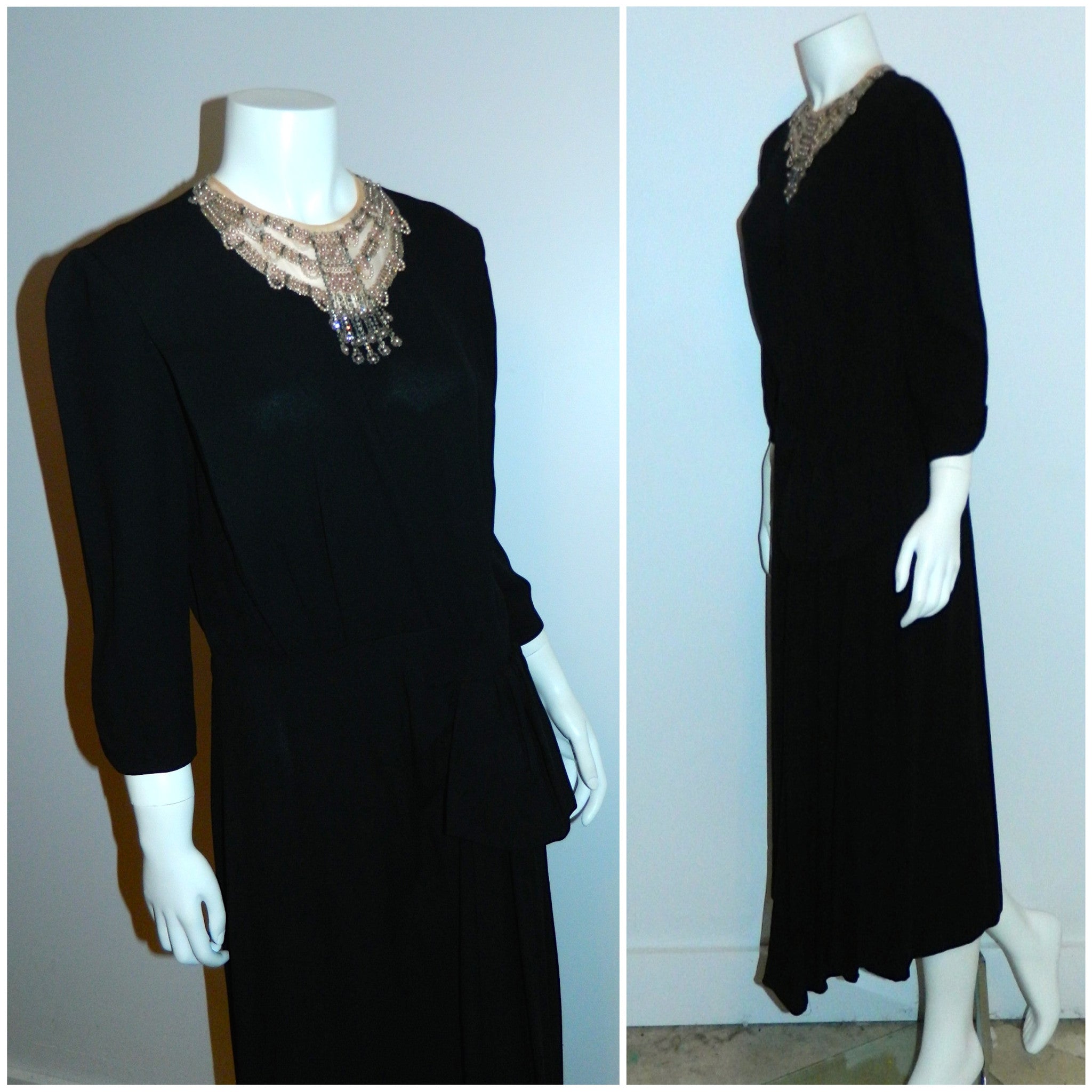 vintage 1930s black crepe dress Art Deco beaded neckline rayon