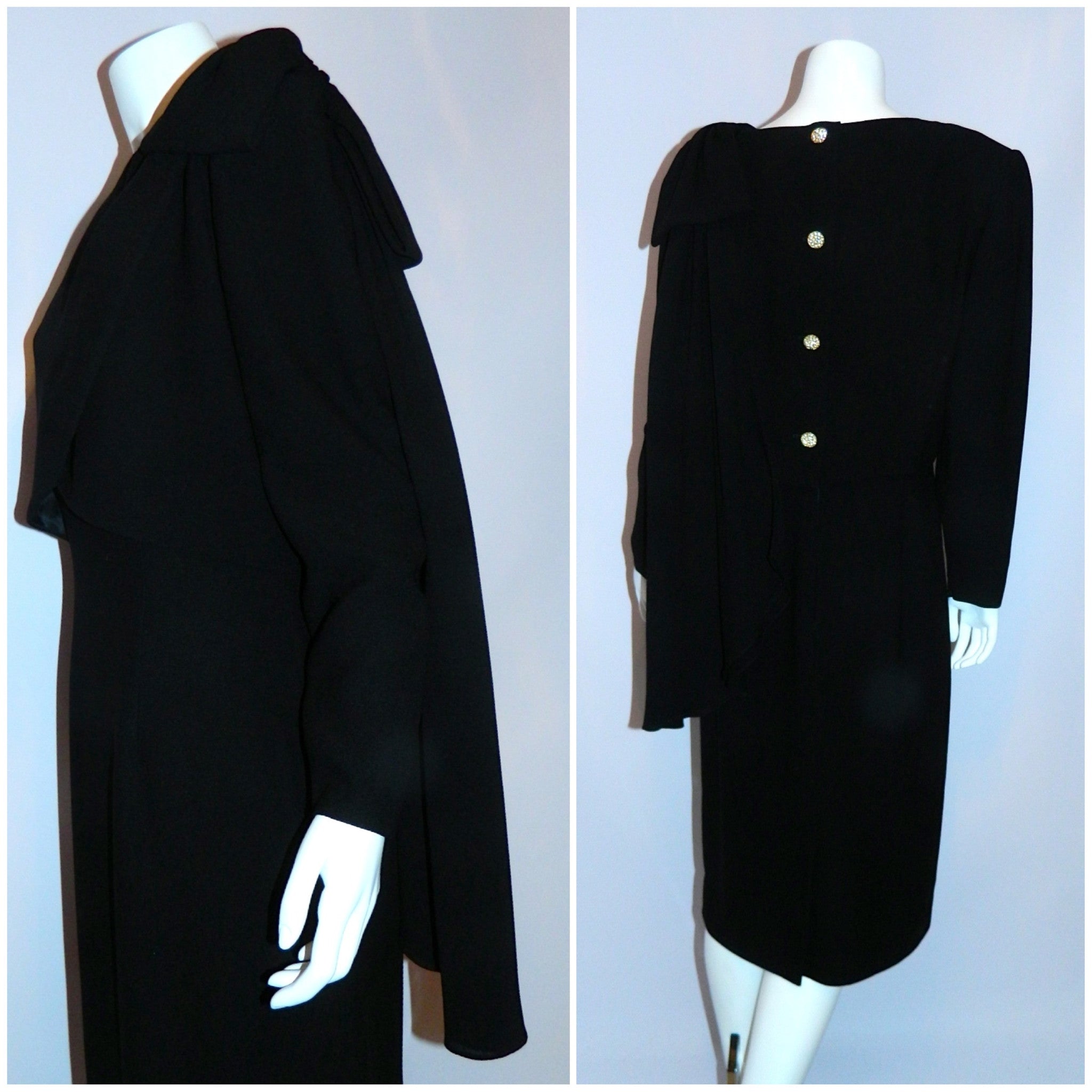 vintage 1980s black crepe dress Christian Dior side bow drape cocktail dress