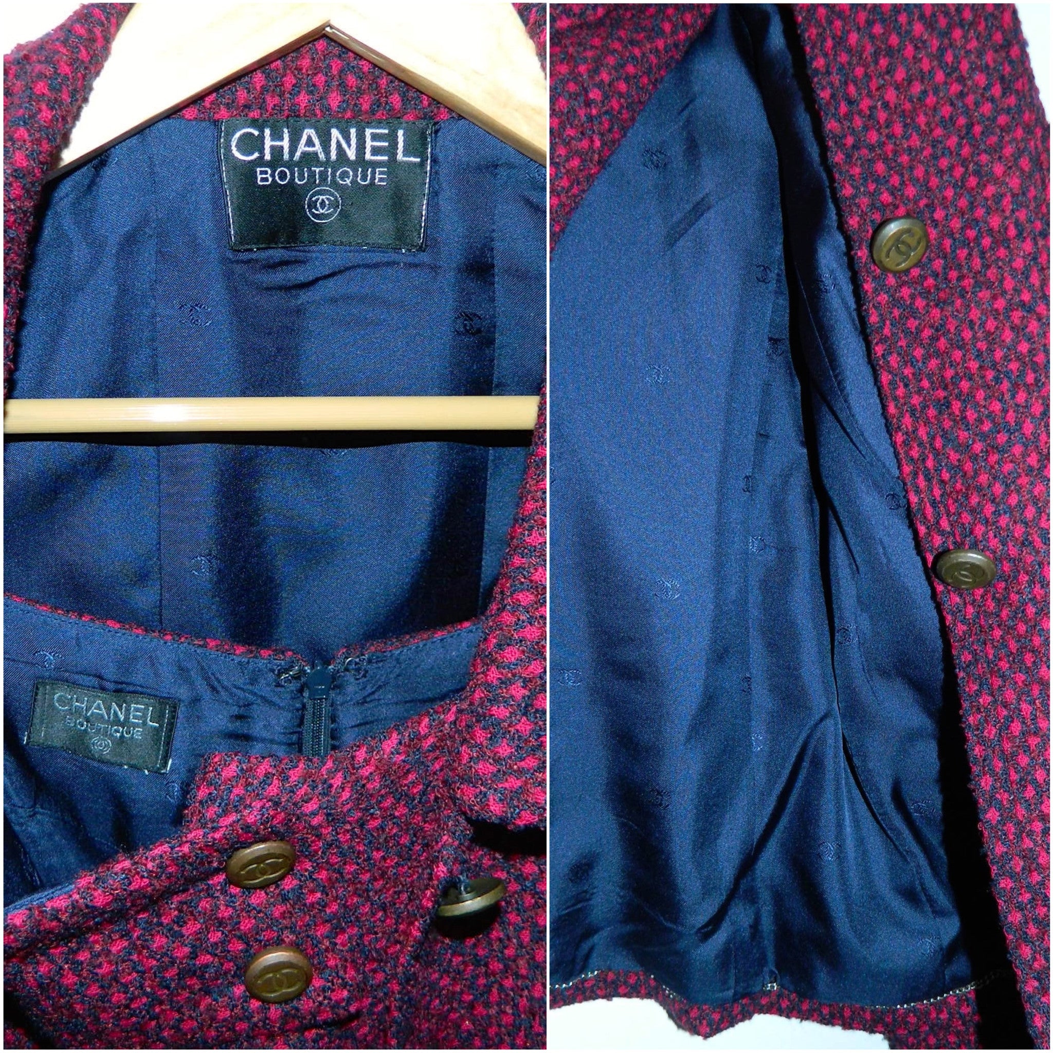 vintage 1980s CHANEL tweed suit plum blue wool boucle jacket skirt CC logo buttons S - M