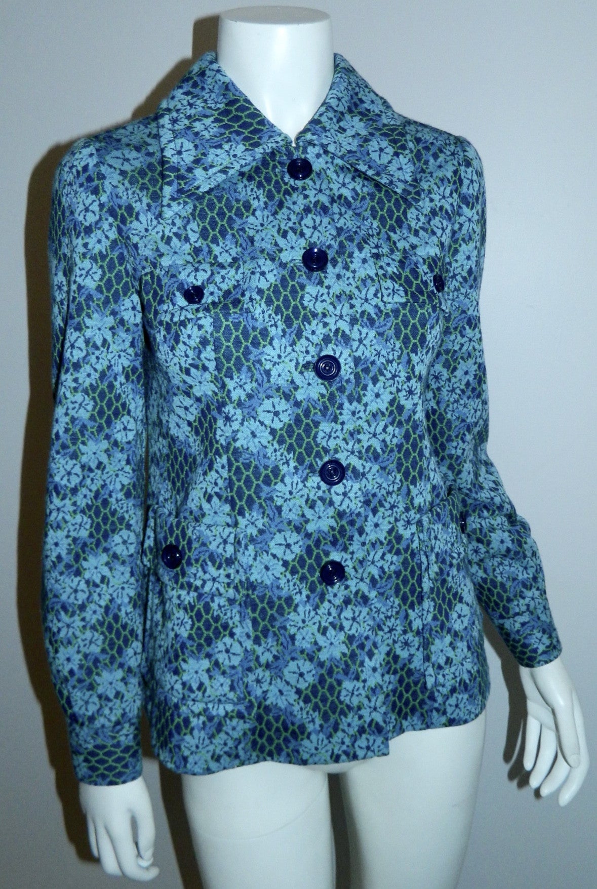 1970s vintage 49er jacket blue floral WOOL jersey blazer XS