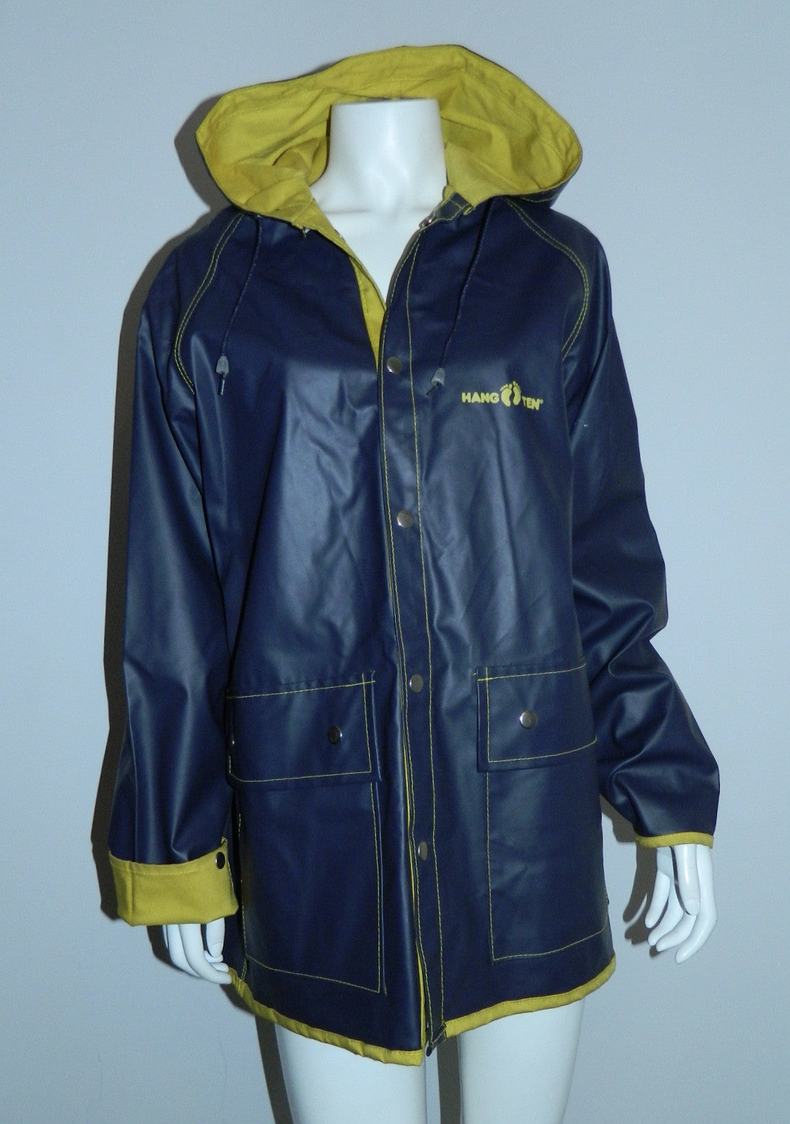 vintage 1980s HANG TEN rain jacket PVC slicker 80s hooded coat Adult S