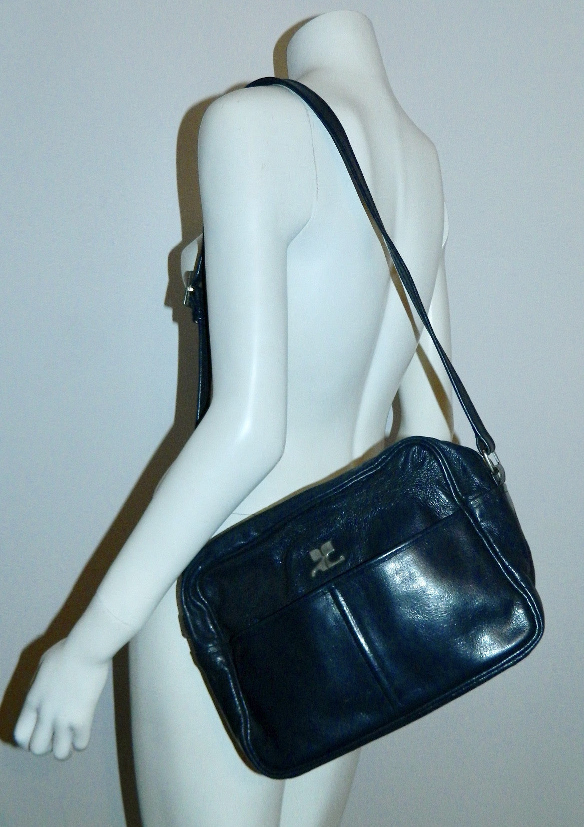 Courrèges leather camera bag / vintage 1960s dark blue COURREGES cross-  body purse