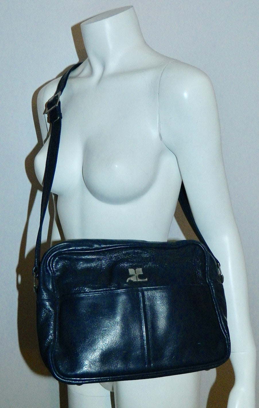 Courrèges leather camera bag / vintage 1960s dark blue COURREGES cross-  body purse