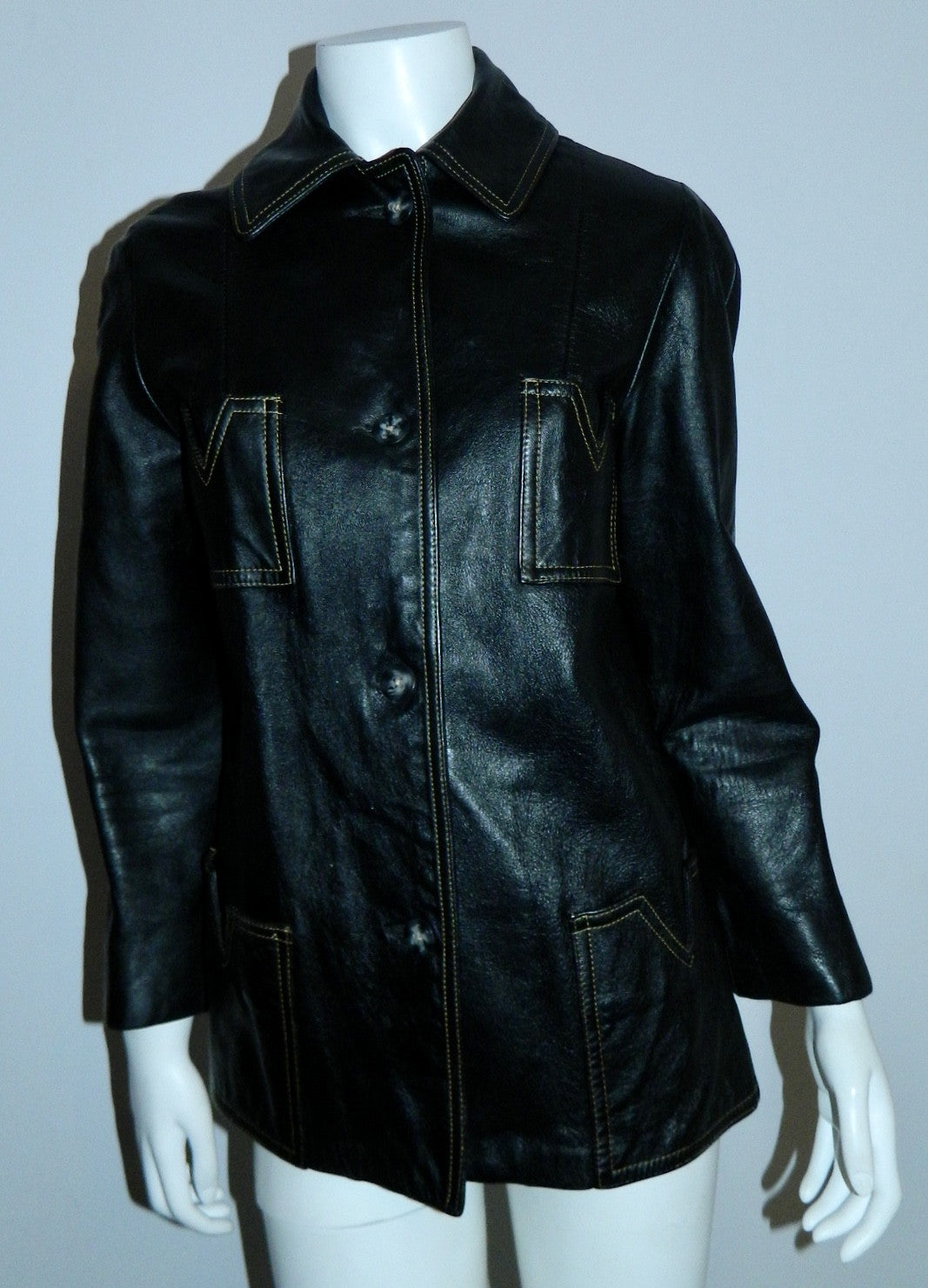 MOD vintage 1960s black leather jacket - contrast stitch S / M