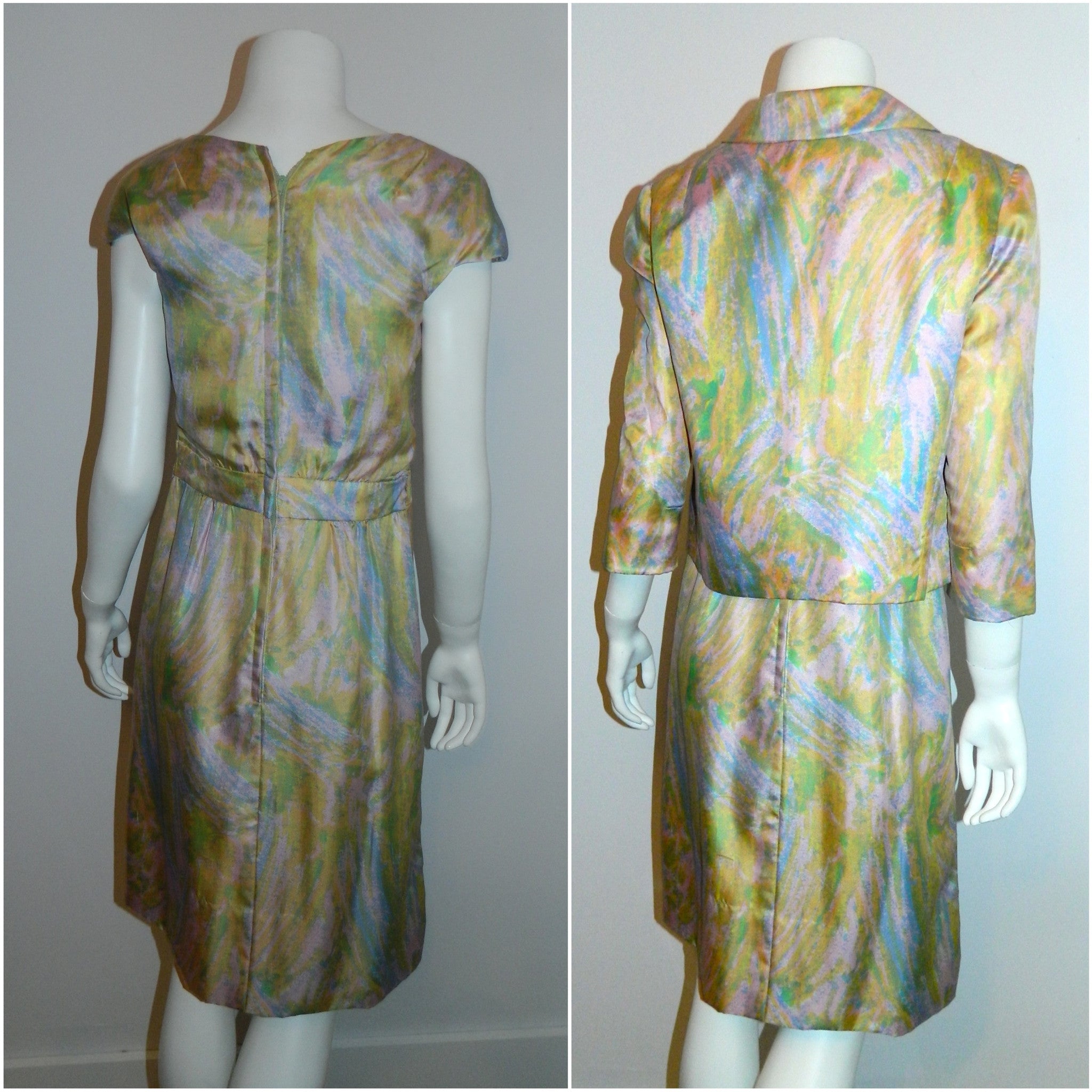 vintage 1960s pastel silk Miss Bergdorf dress jacket suit / impressionist Spring blooms watercolor XS